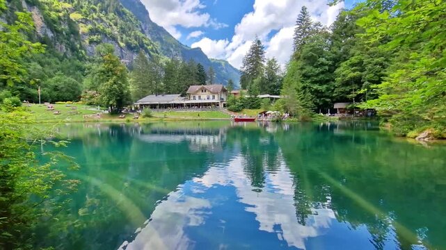 Switzerland tourism. most beautiful swiss lakes - emerald Blausee with crystal clear waters. popular tourist attraction. 4k hd video. . Bernese Oberland, Kandergrund