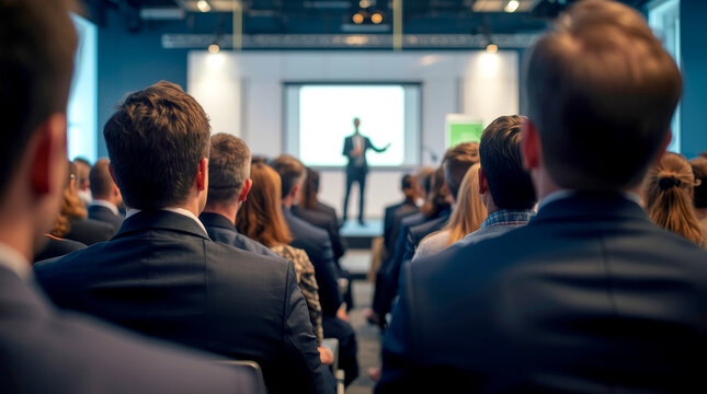Presenter Presenting on Stage at Conference Meeting. Professional Lecture. business conference or presentation. focus is on the backs of the heads and shoulders of several attendees in the foreground