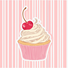 Vector illustration of a vintage-style cupcake with cherry on top, drawn in line art over a pink gingham background. Cute, retro, and perfect for bakery or dessert-themed designs