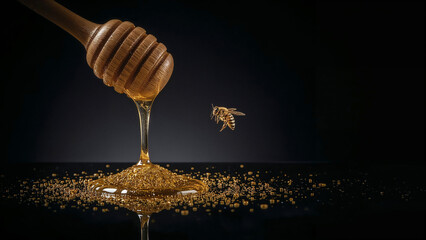 Honey dipper with dripping golden honey and a bee flying near a pile of sugar crystals