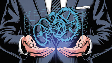 Businessman's Hands Holding Interlocking Gears:  Retro Style, Conceptual Illustration of Teamwork and Innovation.