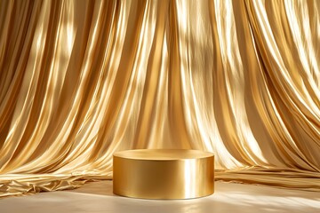 Golden cylinder podium with draped fabric backdrop in a luxurious display setting for presentations