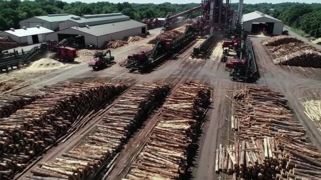 aerial view of large lumberyard with rows of stacked logs, surrounded by machinery and industrial buildings. concept of logging and wood production. nature and industry interconnection, forestry