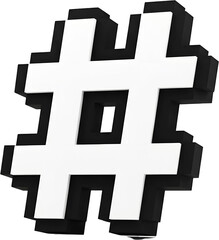 A pixelated, 3D white hashtag symbol with black edging floats against a white background