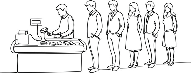 Hand drawn illustration of people standing in line at a store waiting to make a purchase at the checkout counter