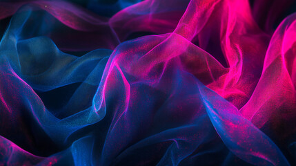 Obraz premium A fashion editorial backdrop of flowing neon glitter fabrics glowing in electric blue, pink, and lime, dynamic folds under blacklight