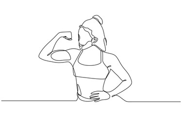 Continuous one line drawing of young strong model woman bodybuilder pose confidently. Vector illustration editable outline