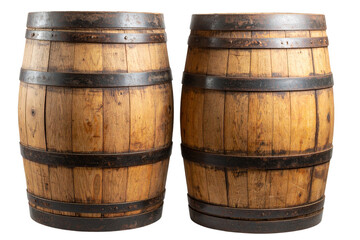 Stack of Two Rustic Wooden Barrels with Weathered Surface, isolated on transparent background