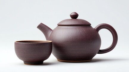 Dark-red ceramic teapot and cup on white background