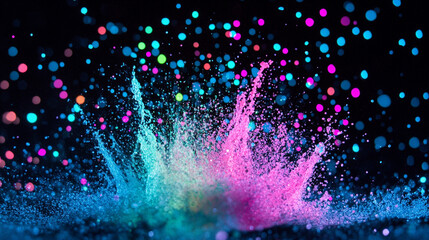 High-speed photo of glitter splash in mid-air, lit with blacklight, trails of neon blue, pink, and green forming explosive texture