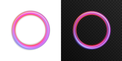 Glowing neon ellipse light trail with pink, blue, and purple gradient colors on dark background. Abstract futuristic energy flow ring, magic portal design, dynamic swirl curve with transparency for mo