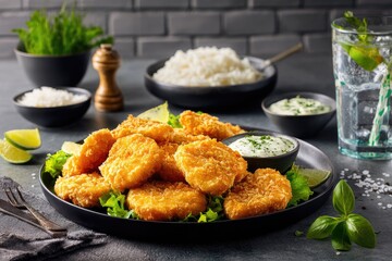 Crispy, golden-brown breaded food items, likely fish, served with rice, a light sauce, and a refreshing drink