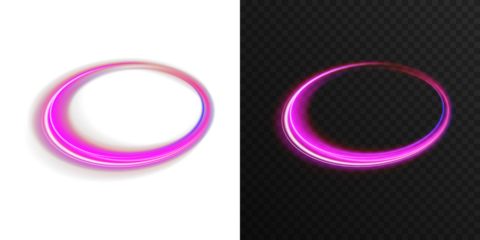 Futuristic glowing neon ellipse in vivid pink, blue, and violet tones on transparent dark background. Magic swirl ring energy flow, abstract portal light effect for sci-fi scenes, fantasy art, and dig