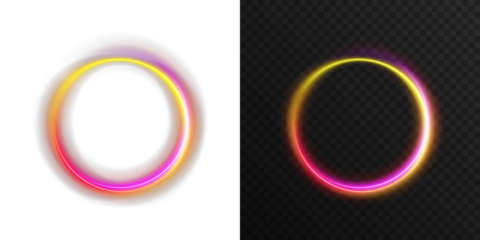 Abstract neon glowing ellipse with vibrant gradient colors of pink, purple, and blue. Futuristic magic circle light effect, energy tunnel swirl, dynamic curve ring for sci-fi design, fantasy backgroun