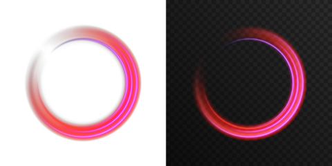 Glowing neon ellipse light trail with pink, blue, and purple gradient colors on dark background. Abstract futuristic energy flow ring, magic portal design, dynamic swirl curve with transparency for mo