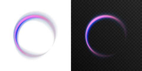 Futuristic glowing neon ellipse in vivid pink, blue, and violet tones on transparent dark background. Magic swirl ring energy flow, abstract portal light effect for sci-fi scenes, fantasy art, and dig
