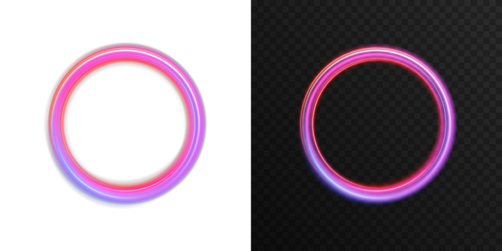 Glowing neon ellipse light trail with pink, blue, and purple gradient colors on dark background. Abstract futuristic energy flow ring, magic portal design, dynamic swirl curve with transparency for mo