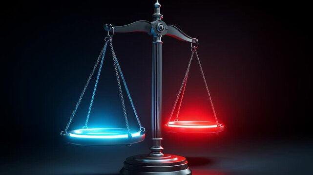 Scales of justice balance glowing red and blue lights symbolizing ai ethics and justice in dark dramatic setting