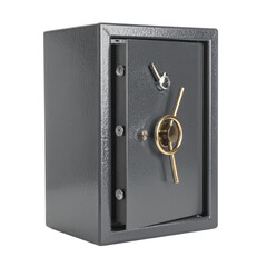 Metallic safe with combination lock Door Representing Security Protection on white background.