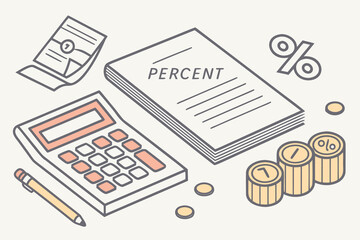 hyper realistic, office desk, calculator, paperwork, percent sign, coins, stylized, digital art