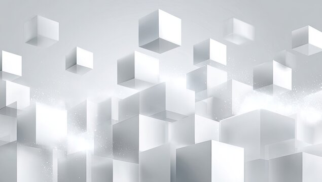 Fototapeta Abstract, 3D white cubes in a dynamic, floating arrangement against a light gray background.  Soft, glowing light highlights the cubes and creates a sense of depth and movement