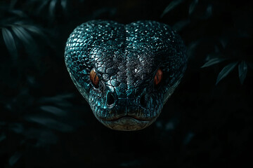 Intense close-up of a dark blue snake's head with glowing orange eyes in a shadowy setting