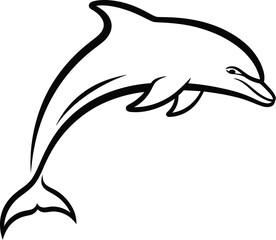 Fototapeta premium Black outline dolphin jumping on a clean white background, minimal