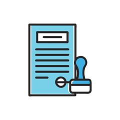 Document with blue stamp and legal information on white background  