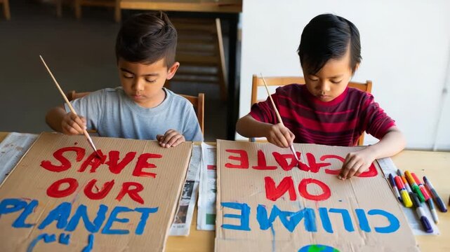 Children create climate change protest signs during an art activity at a community center
