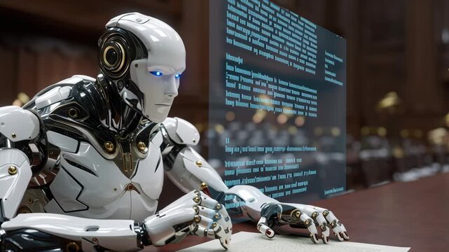 Ai robot in courtroom reading document with digital screen justice and ethics in focus modern technology law