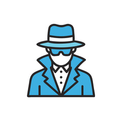 Spy detective in blue coat and hat with sunglasses for justice concept  