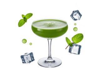 Refreshing green juice with mint and ice cubes isolated on transparent background