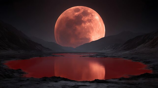 Breathtaking Blood Moon Over Mountain Landscape Reflecting on Serene Lake.