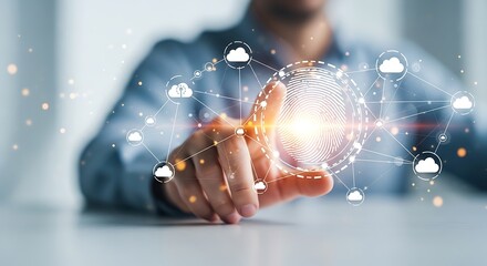 Person touching fingerprint scanner with cloud network and data connections biometrics security