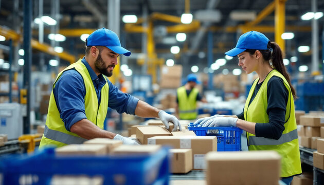 Three warehouse workers sort packages along a conveyor in bright, busy space.
