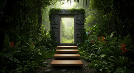 Obraz premium A stone doorway covered in vines leads to a bright opening in a lush green jungle path