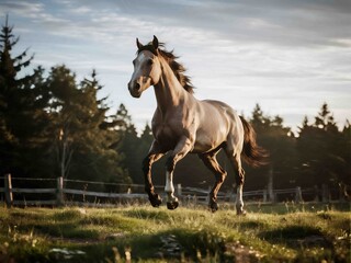 Obraz premium A powerful brown horse galloping through a grassy field during golden hour, surrounded by rustic wooden fences and tall pine trees in the background. Captured in motion, the image evokes freedom