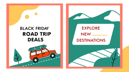 Two square posters promoting black friday road trip deals and exploring new destinations with mountains