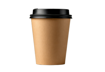 A tall, light brown paper coffee cup with a black plastic lid, isolated on a black background (1)