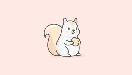 A cute cartoon squirrel with a white tail holds a cookie, isolated on white background