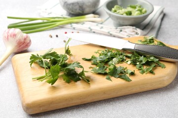 Different fresh herbs, spices and knife on grey table, closeup