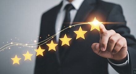 Person touching glowing star rating on a curved line graph review feedback