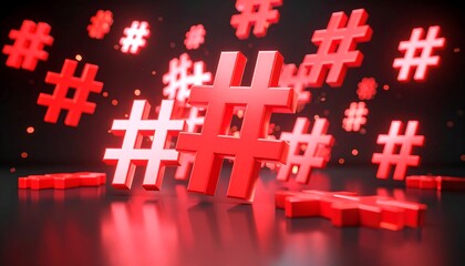 Obraz premium Floating Red Hashtags on Black Background with Soft Lighting and Reflections