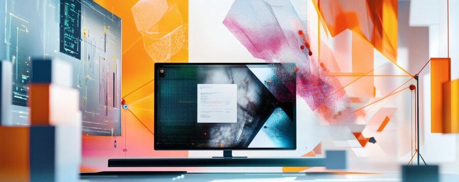 A futuristic digital display surrounded by abstract geometric shapes and structures - Powered by Adobe