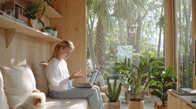 Woman engaged in a virtual meeting inside a cozy tiny house filled with greenery and natural light