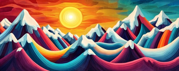 Colorful stylized mountains and a bright sun dominate the scenic vista