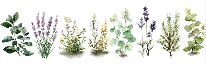 Watercolor Collection of Garden Herbs: Sage, Thyme, Lavender, Juniper, and Eucalyptus for Aromatic Healing and Culinary Use