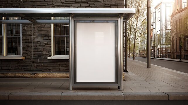 Urban bus stop with blank advertising space on a quiet city street during daytime - Powered by Adobe
