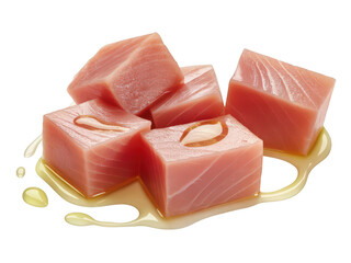 Freshly cut cubes of raw tuna fish in oil isolated on transparent background
