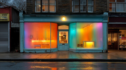 Colorful Neon Lights Illuminate Shuttered Shopfront at Night 